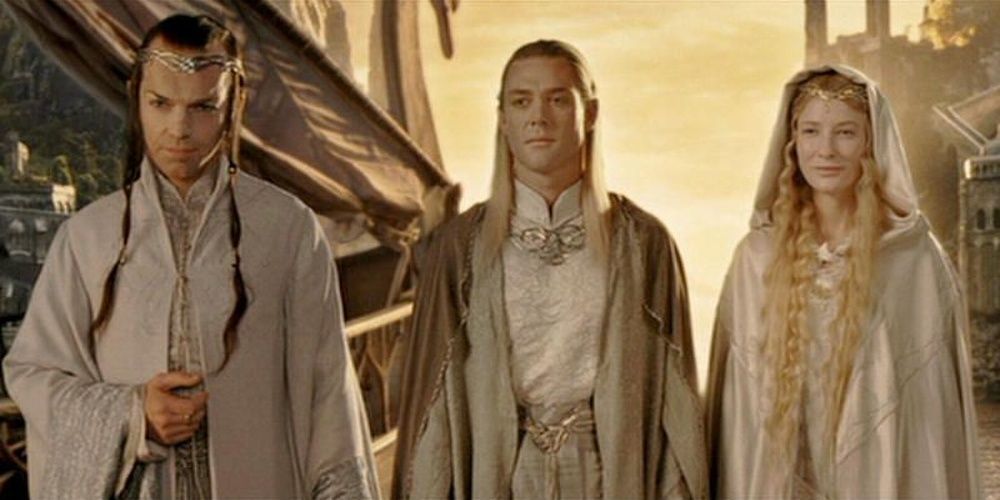 Elrond, Haldir, and Galadriel leaving to the Grey Havens