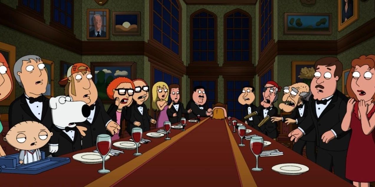Family Guy characters at a murder mystery dinner party.