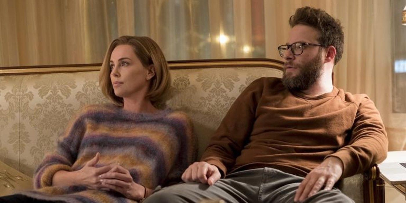 Seth Rogen and Charlize Theron sitting on a coach in Long Shot