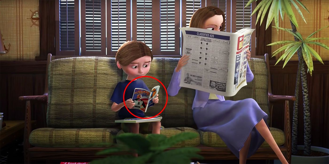 A child in the dentist waiting room reads a magazine with Mr Incredible on the front cover in Finding Nemo