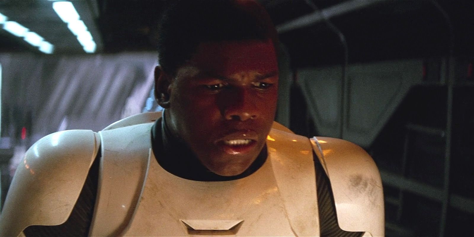 Finn in stormtrooper armor in Star Wars: The Force Awakens