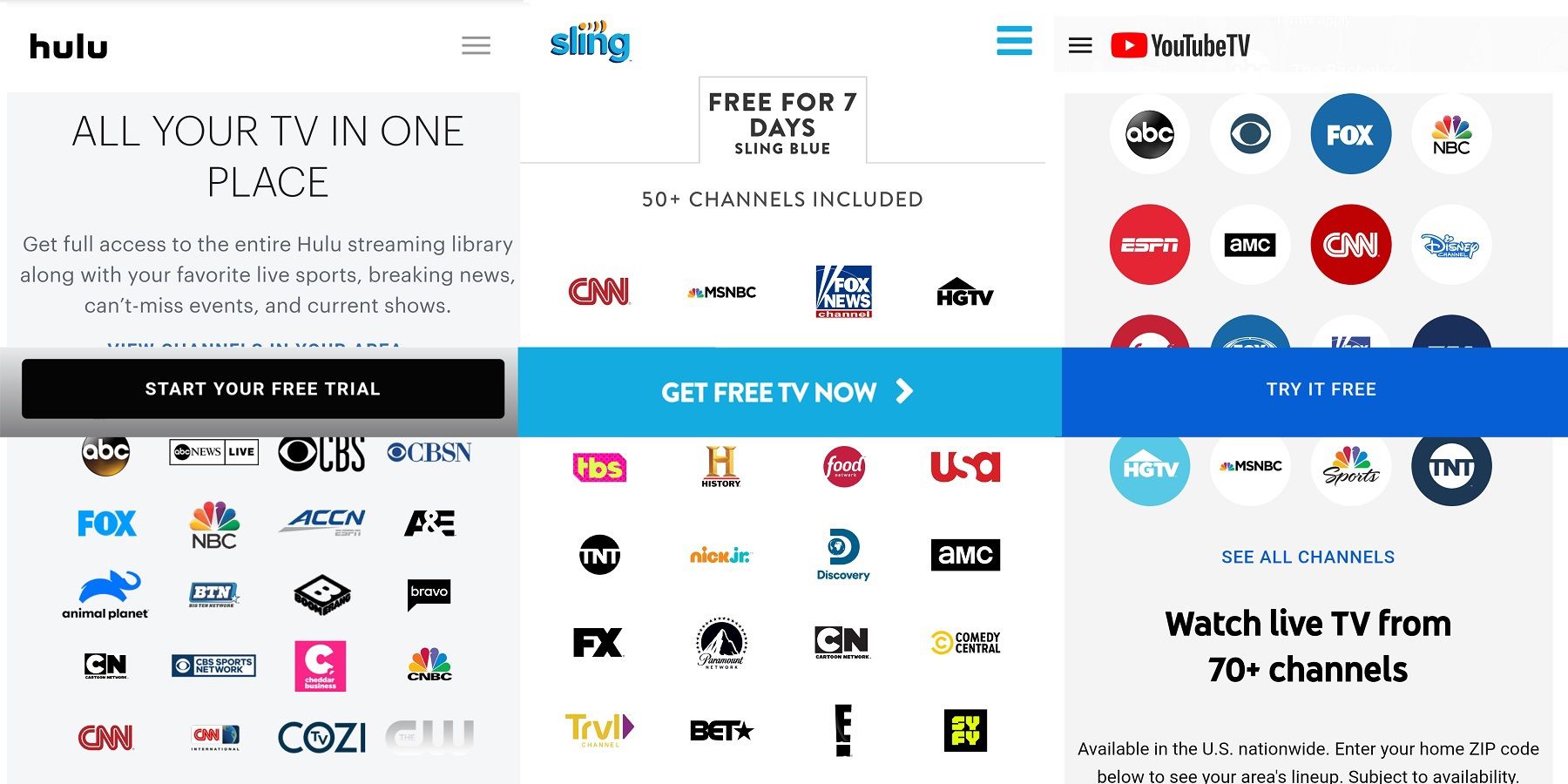 Free Trials For Hulu Live Sling Youtube Tv Who S The Best