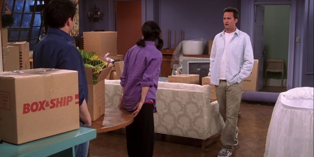 Ross, Monica, and Chandler moving boxes on Friends