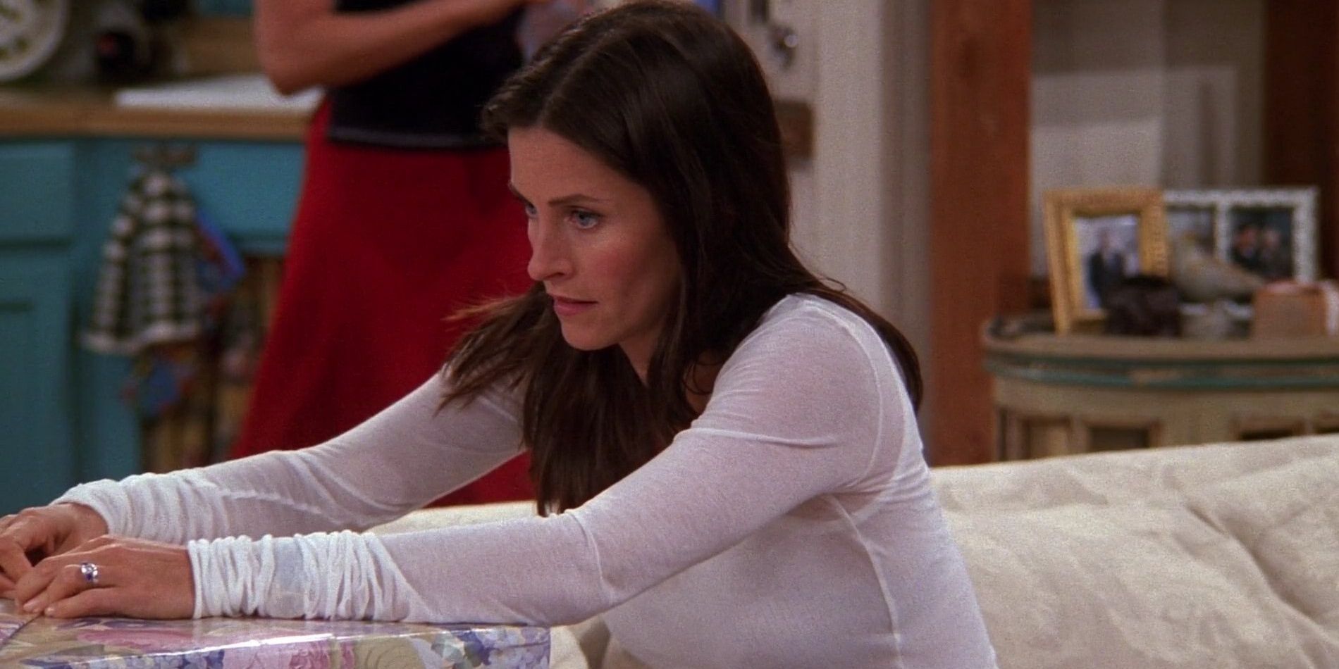 Monica in Friends, wearing a sheer white long-sleeve shirt