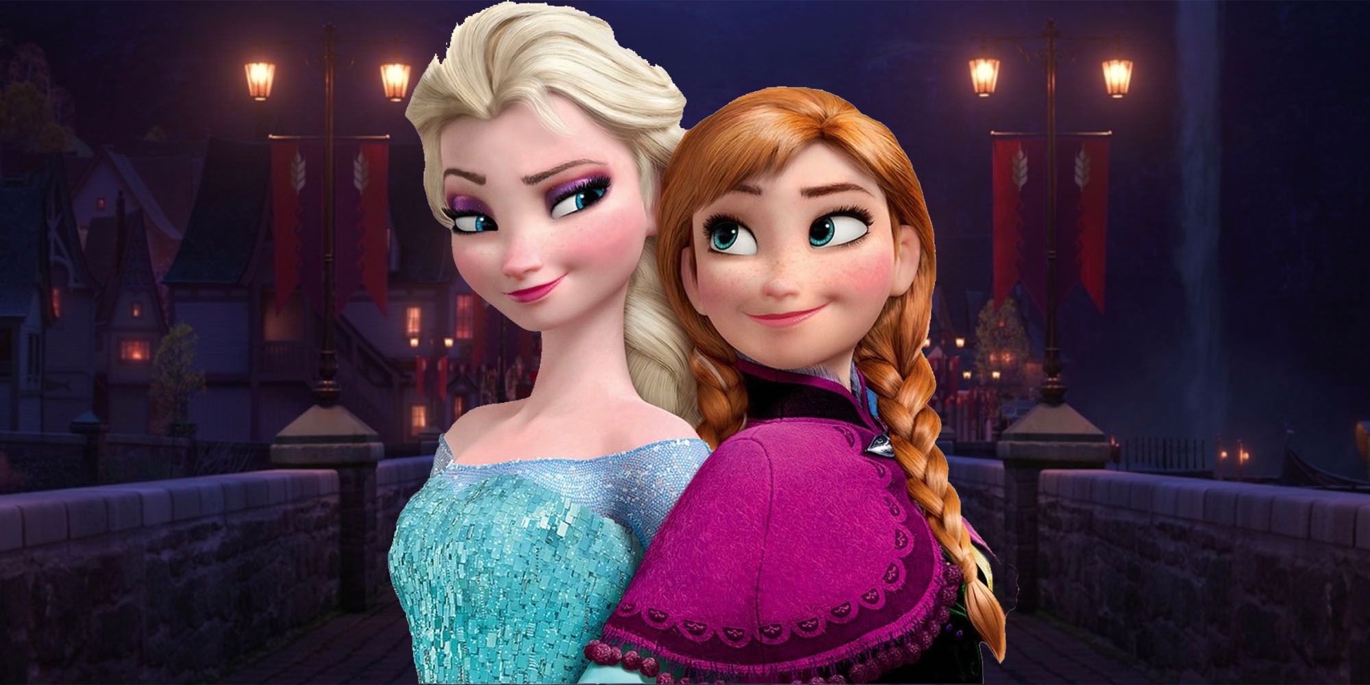Anna and Elsa stand back to back in Frozen.