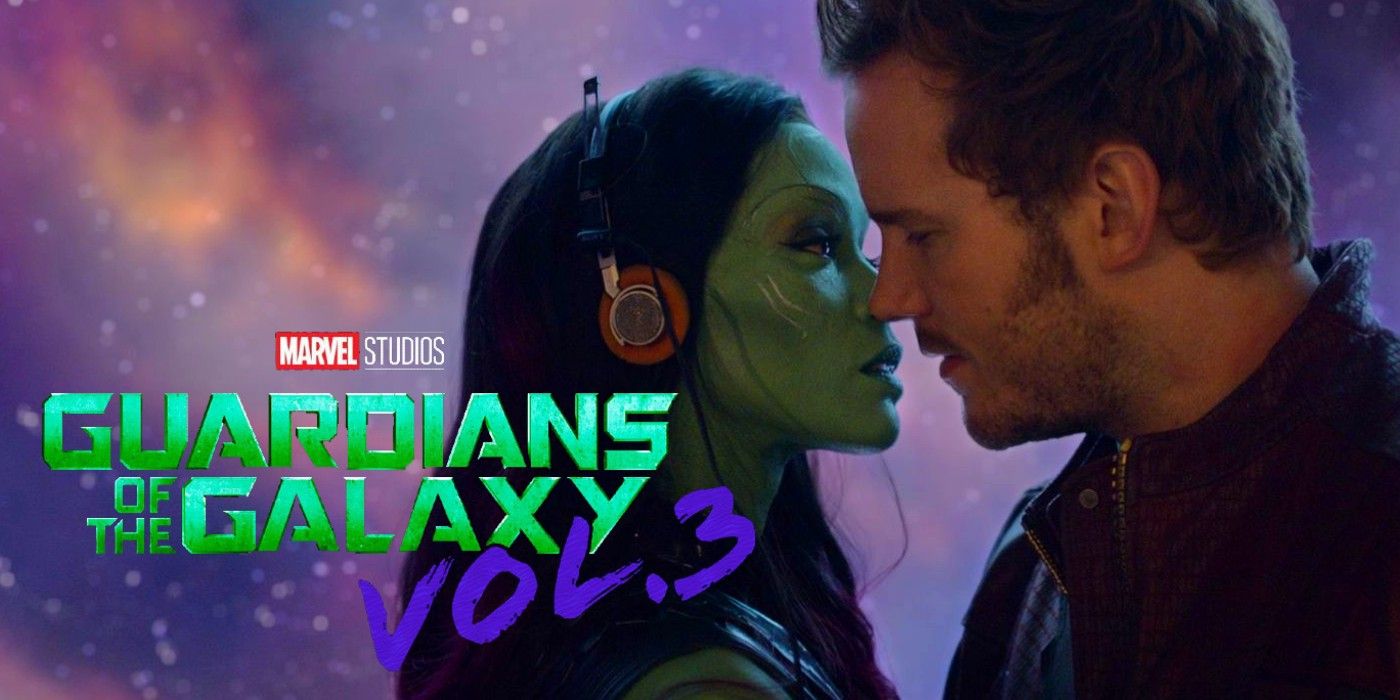 Gamora and Star Lord Kiss Next To A Logo For Guardians of the Galaxy Vol 3