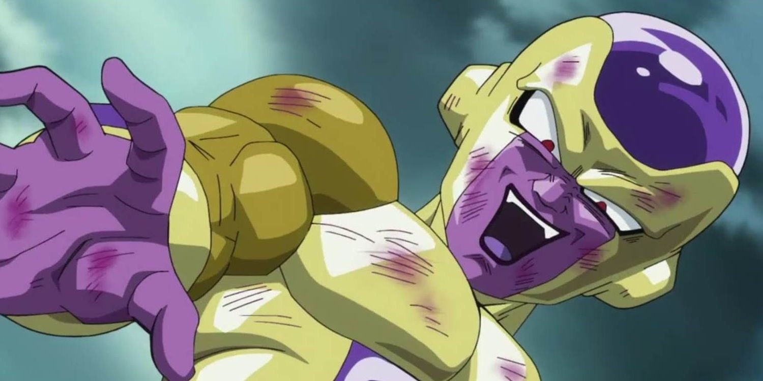 Golden Frieza with his purple hand outstretched and teeth bared.