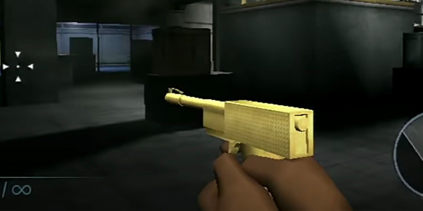 First-person view of someone holding a Golden Gun in GoldenEye 007.