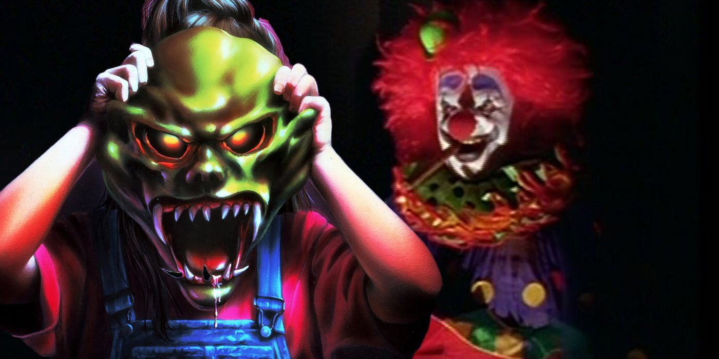 Kid holding up a scary mask and a clown in the background from Goosebumps and Are You Afraid of the Dark?