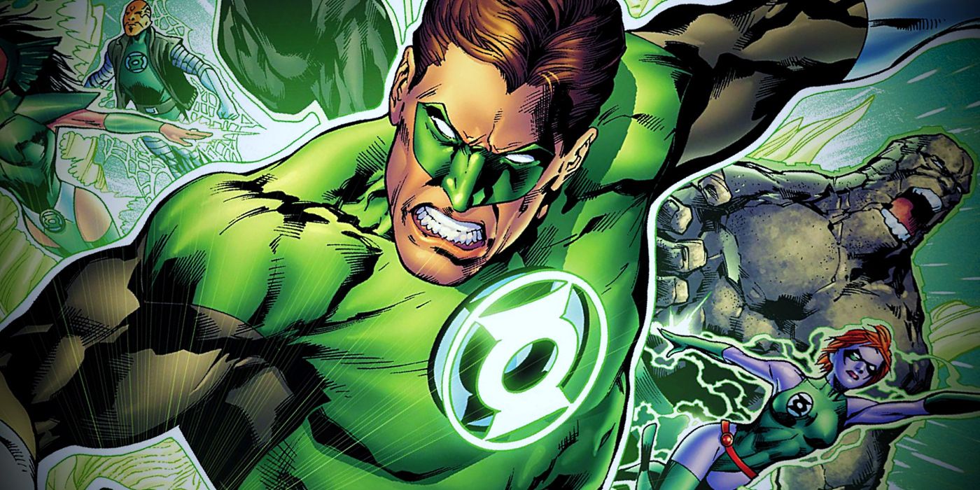 Hal Jordan as Green Lantern grimaces as other heroes fly behind him in DC Comics.