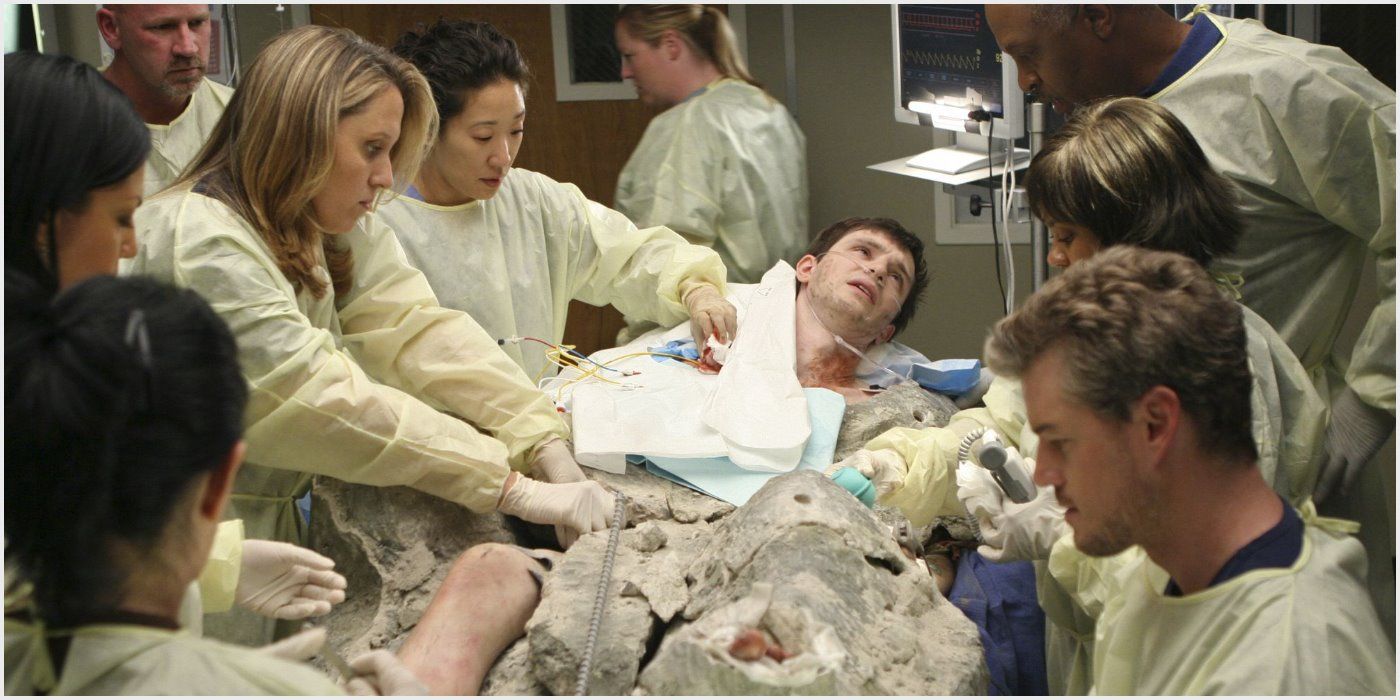 Doctors try to save a patient trapped in cement in Grey's Anatomy