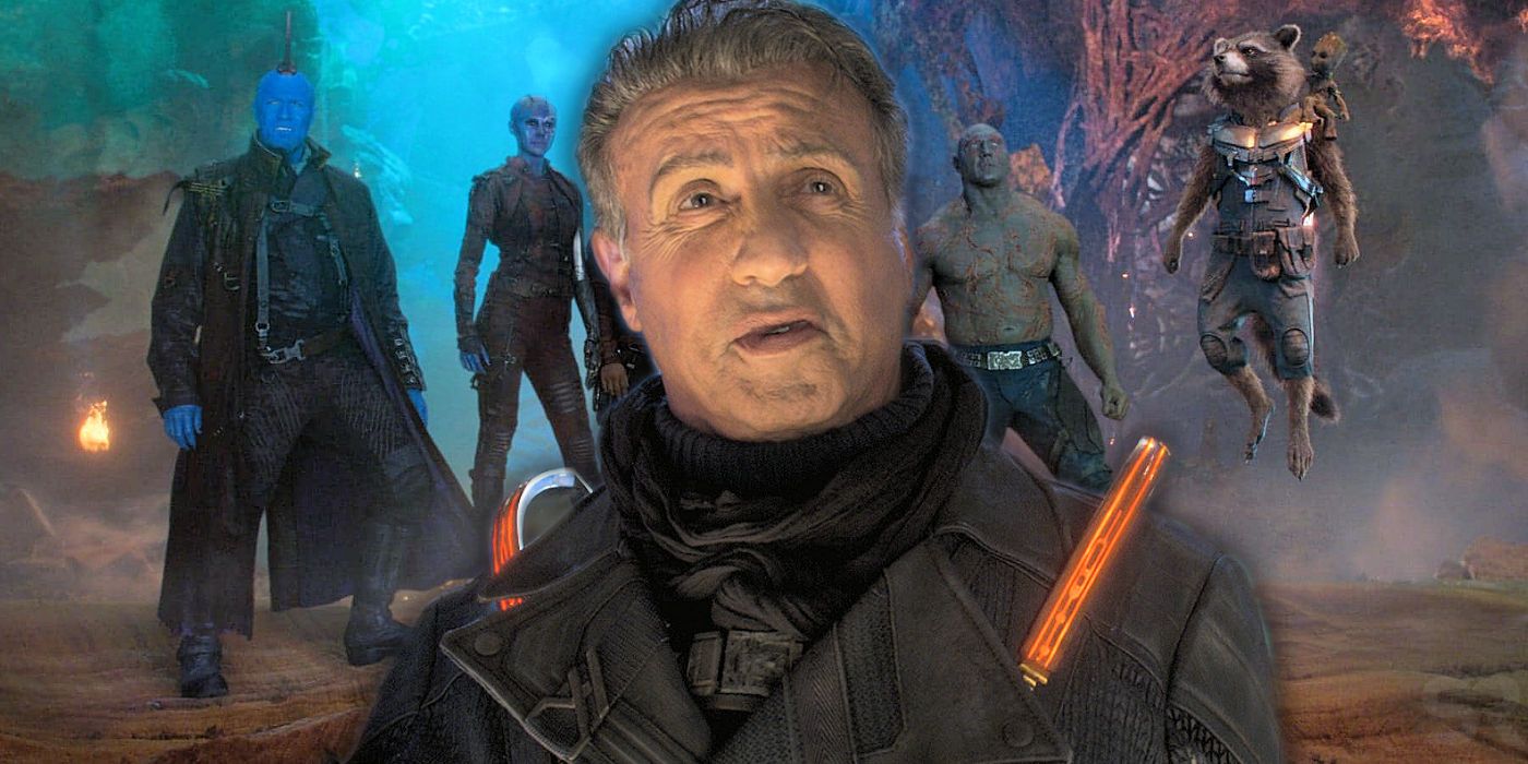 Blended image of the Guardians of the Galaxy and Sylvester Stallone as Stakar