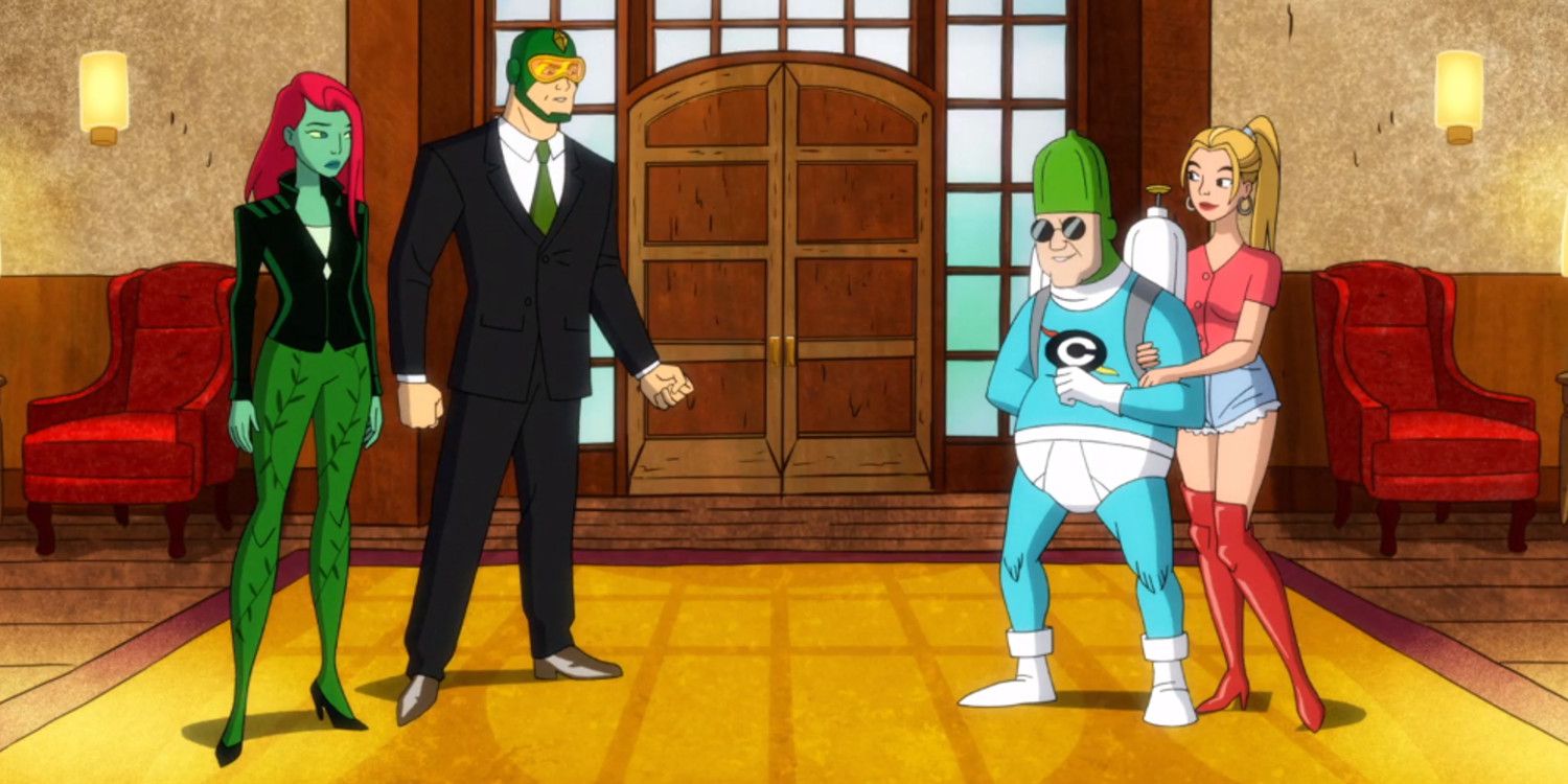 Harley Quinn Poison Ivy and Kite Man confront Condiment King