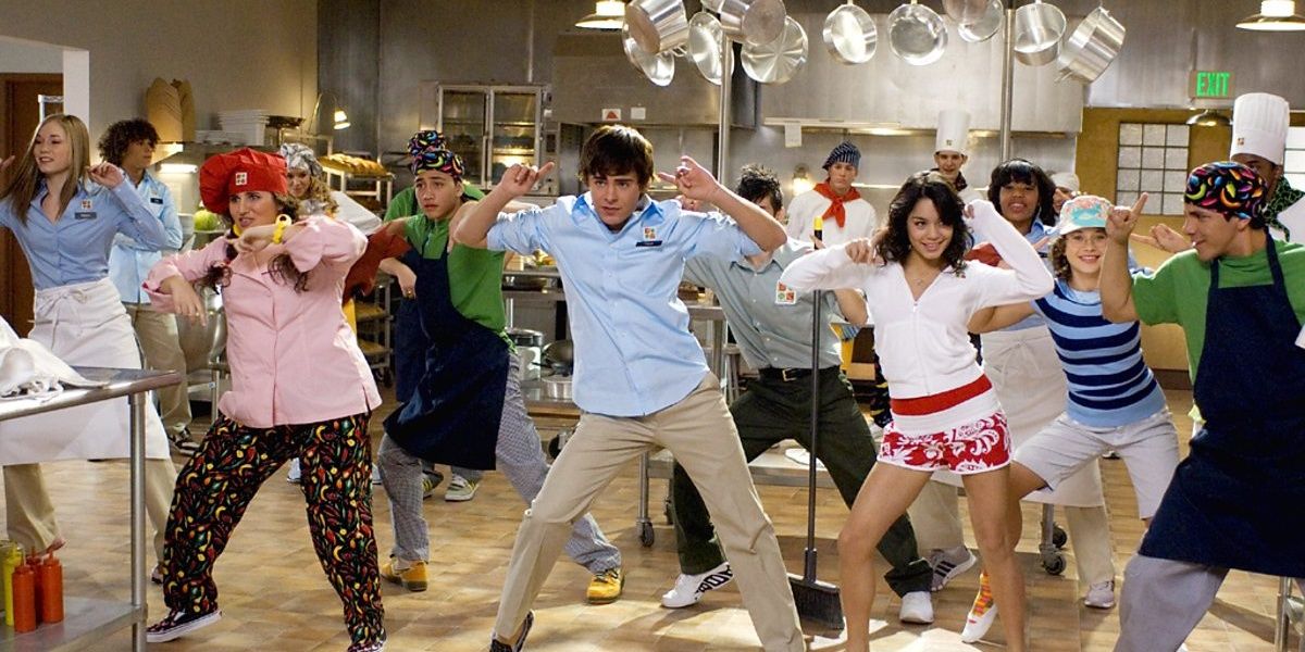 An image of the East High students dancing in the kitchen in High School Musical 2