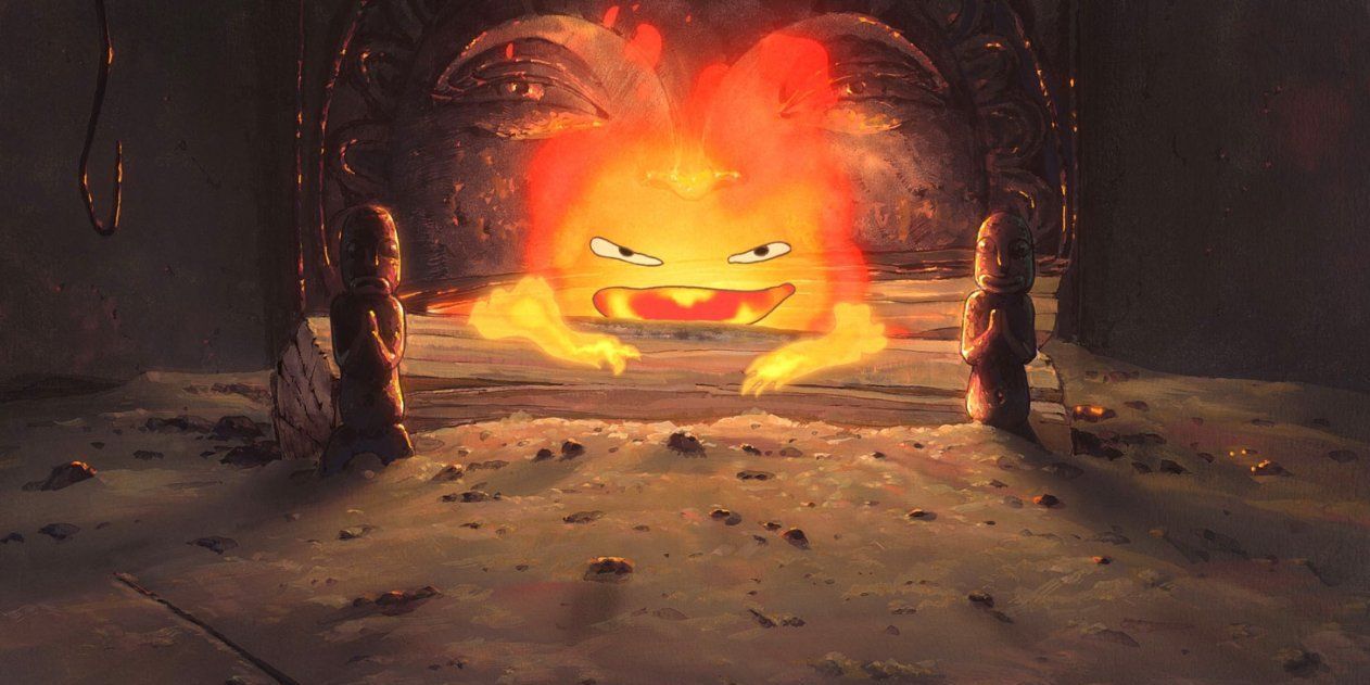 Calcifer with a comically grumpy expression in Howls Moving Castle 