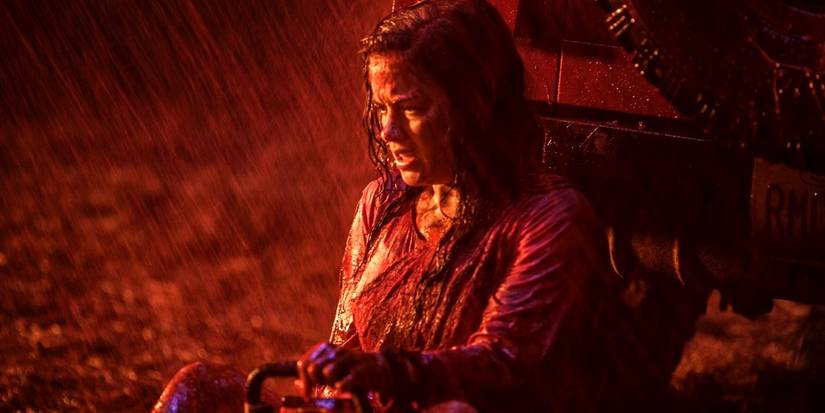 Mia, played by Jane Levy, is covered in bloody rain in the 2013 remake of Evil Dead