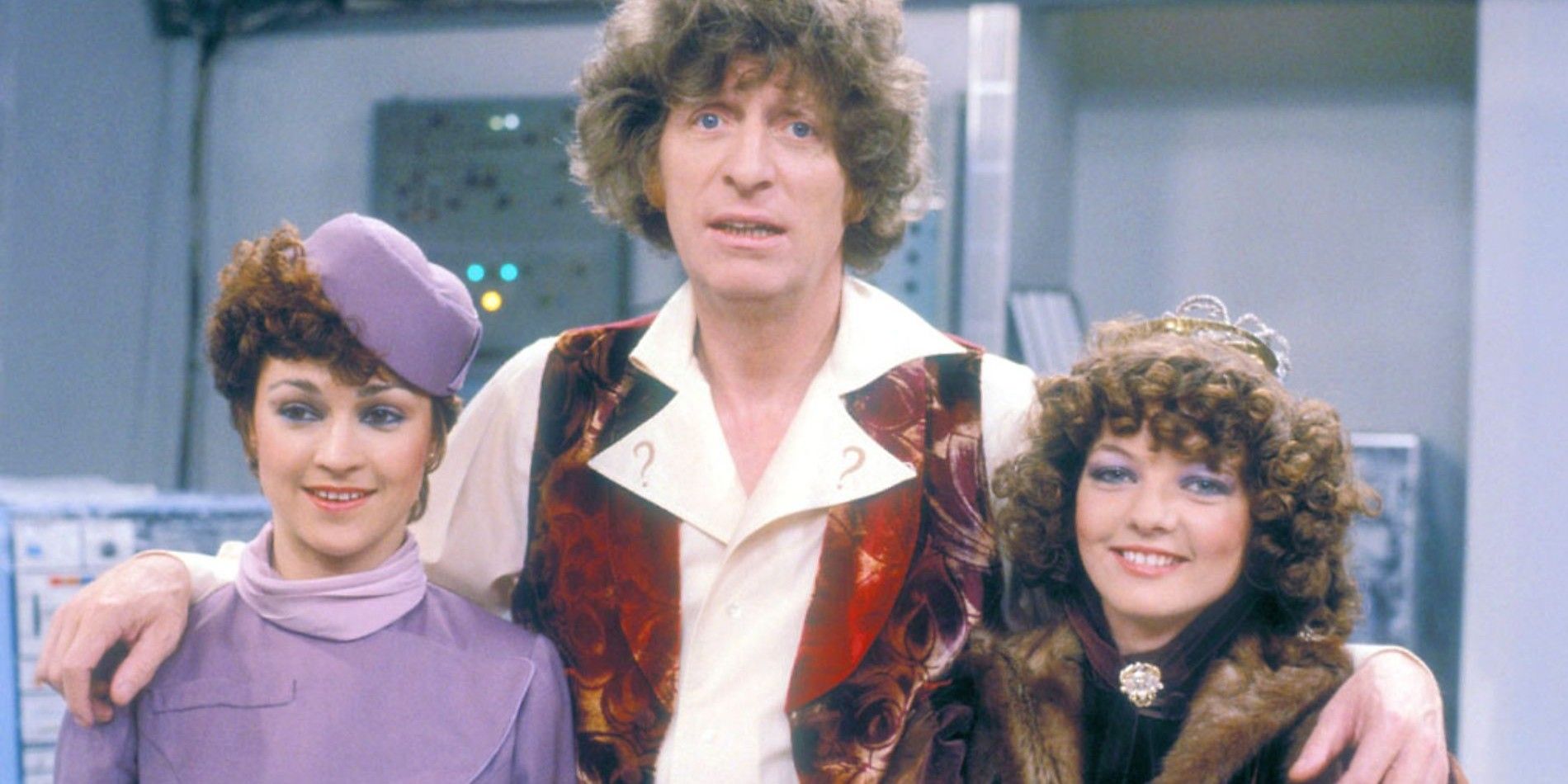 Janet Fielding as Tegan, Tom Baker as Fourth Doctor and Sarah Sutton as Nyssa in Doctor Who