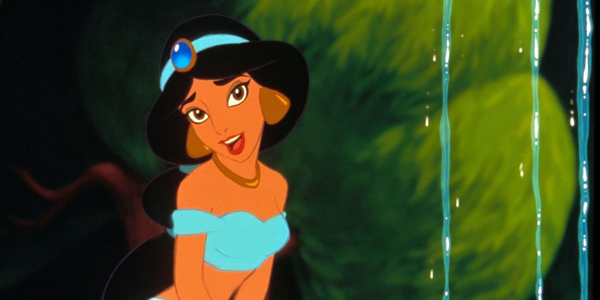 Jasmine sitting beside a fountain and talking in Aladdin