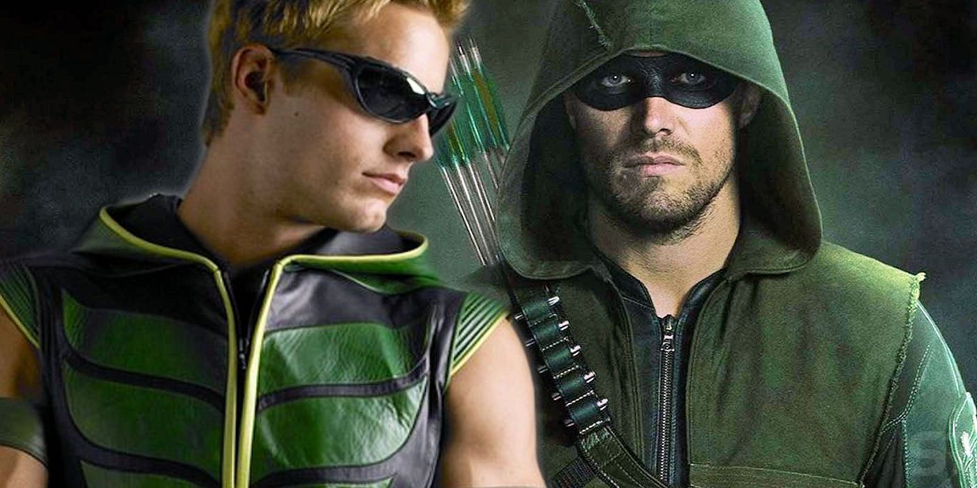 Justin Hartley and Stephen Amell as Green Arrow