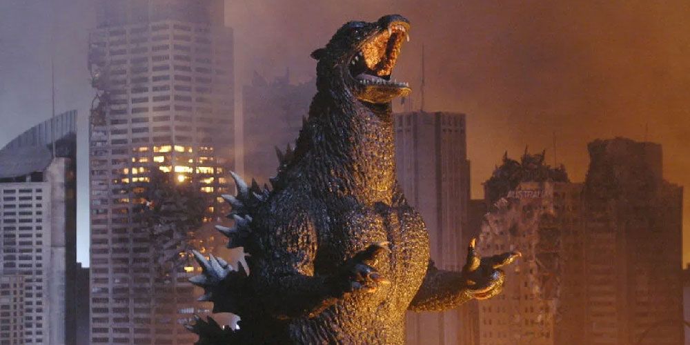Godzilla roaring in a city