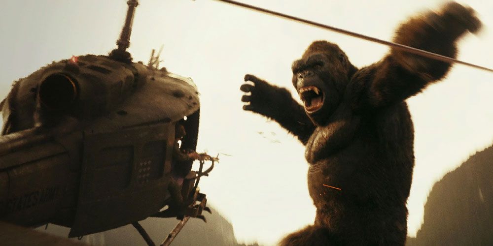 Kong about to smash a helicopter in Kong: Skull Island