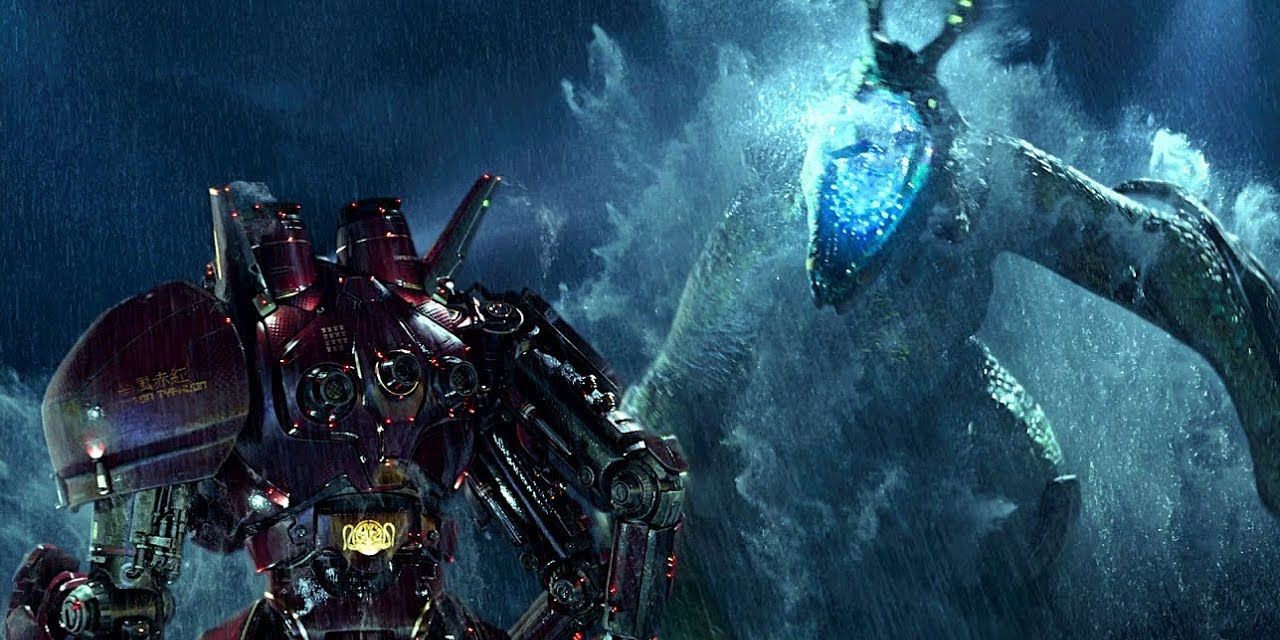 Kaiju leaps out of the water at a Jaeger in Pacific Rim 2013