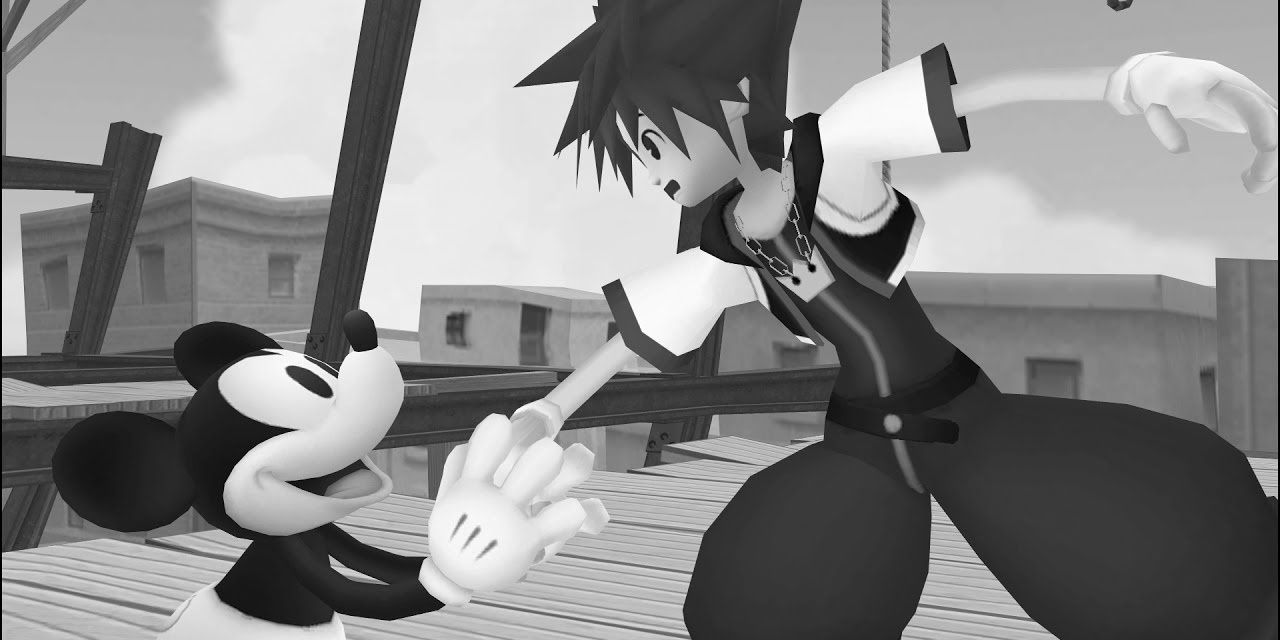 Mickey Mouse holding Sora's hand in Kingdom Hearts Timeless River
