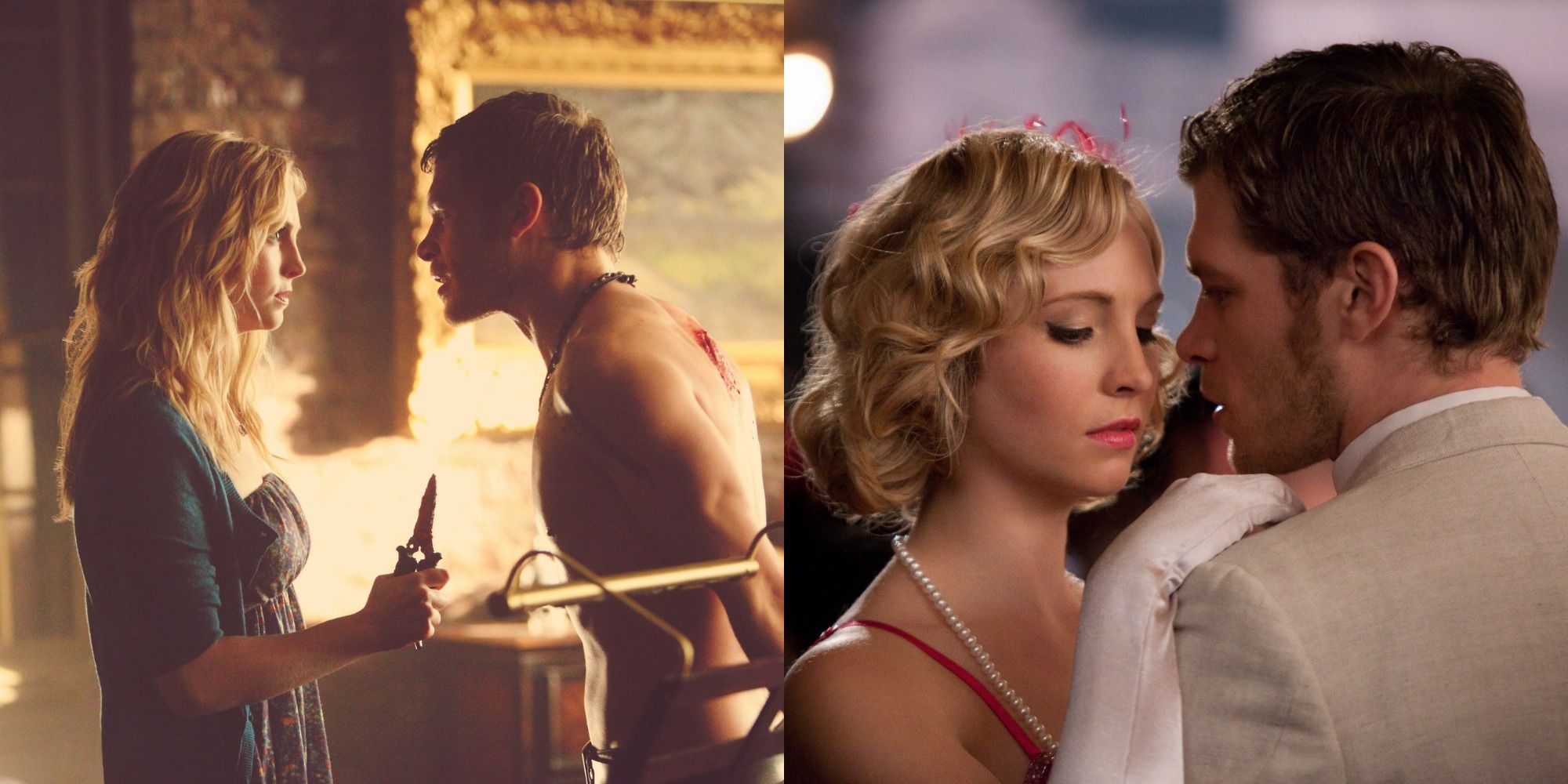 Split image of Caroline and Klaus in each other's faces and them dancing in The Vampire Diaries