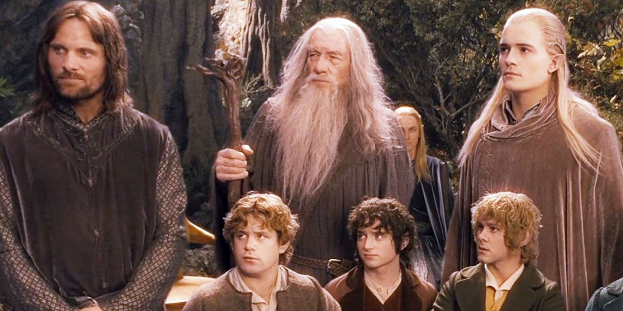 The Fellowship of the Ring standing together at the secret council meeting in Rivendell