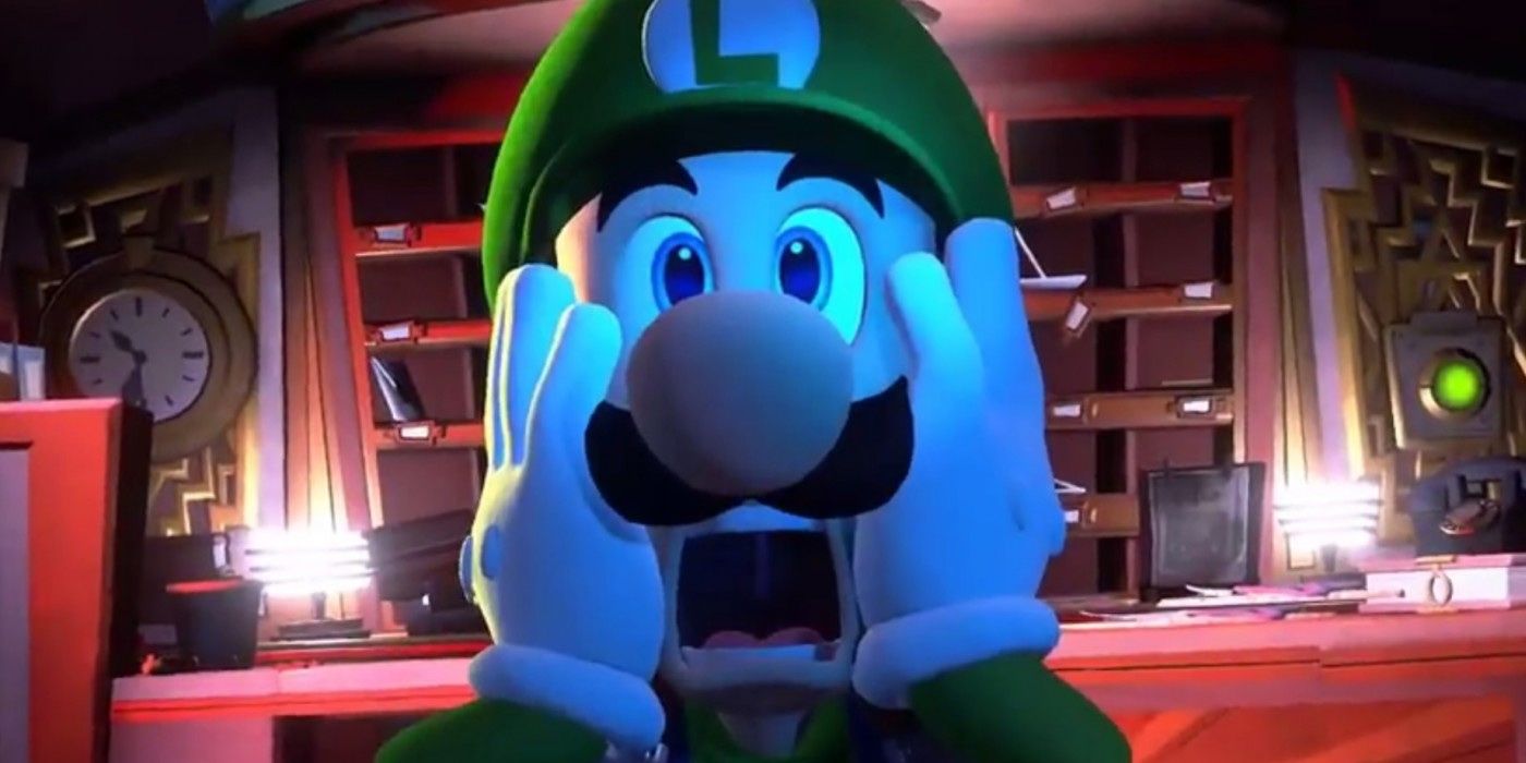 Luigi Screaming and facing the camera in Luigi's Mansion 3
