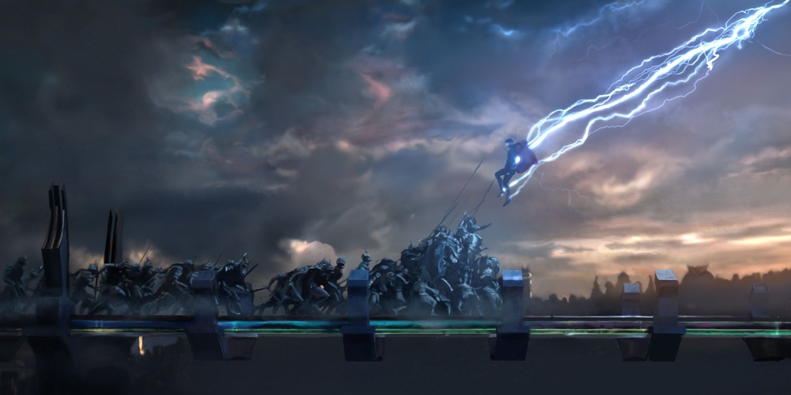 Thor battles Hela's army on the Rainbow Bridge
