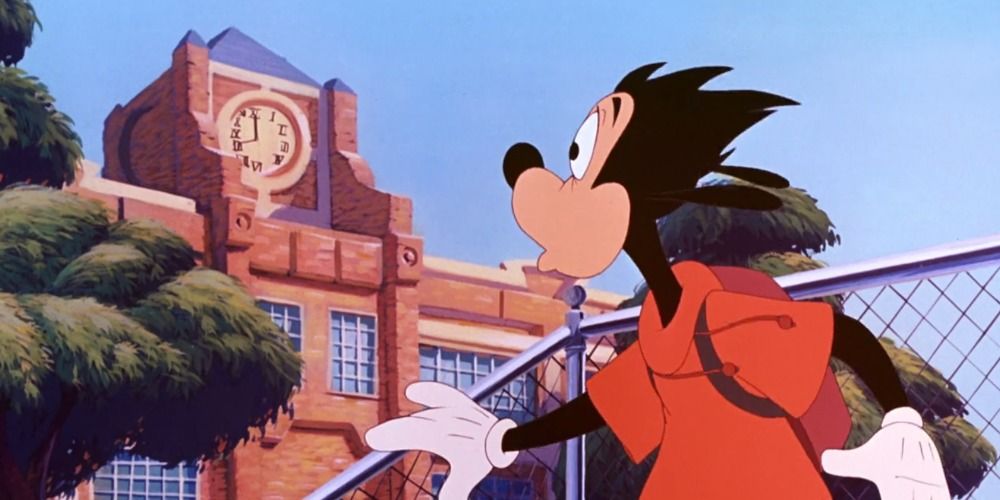 Max looking at the clock tower at the school by a fence in A Goofy Movie