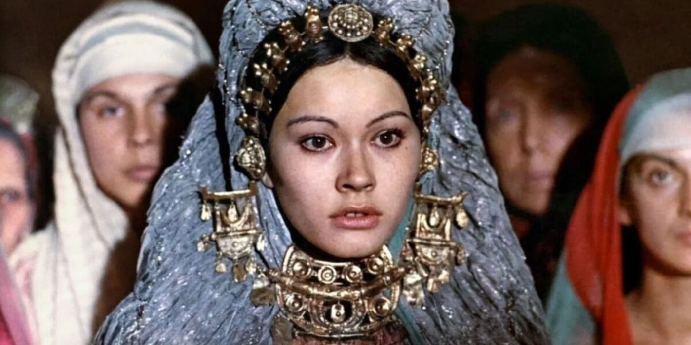 Medea wears an elaborate headdress in the 1969 film