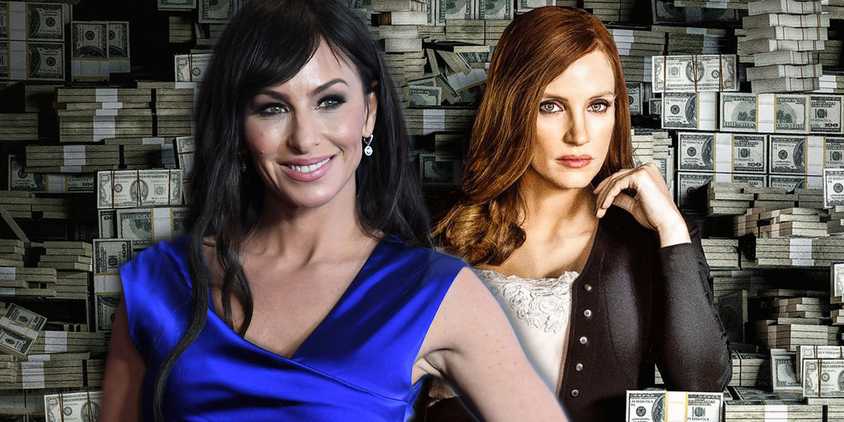 Collage of the real Molly Bloom and Jessica Chastain playing her in Molly's Game