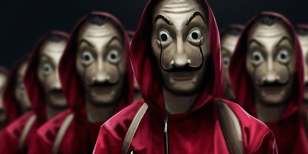 An image of the robbers in their Dalí masks in Money Heist
