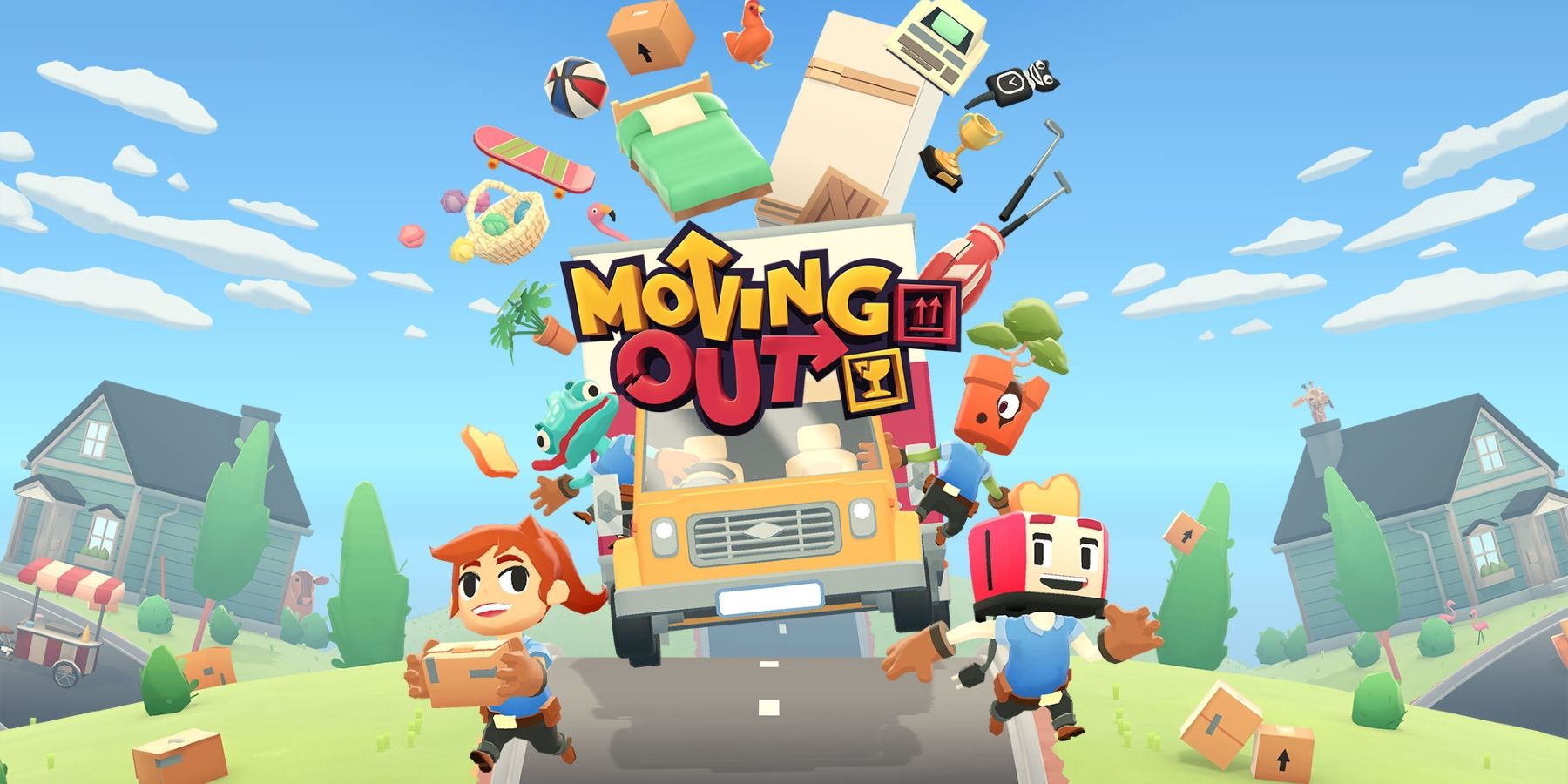 An image of the characters from Moving Out standing in front of a truck