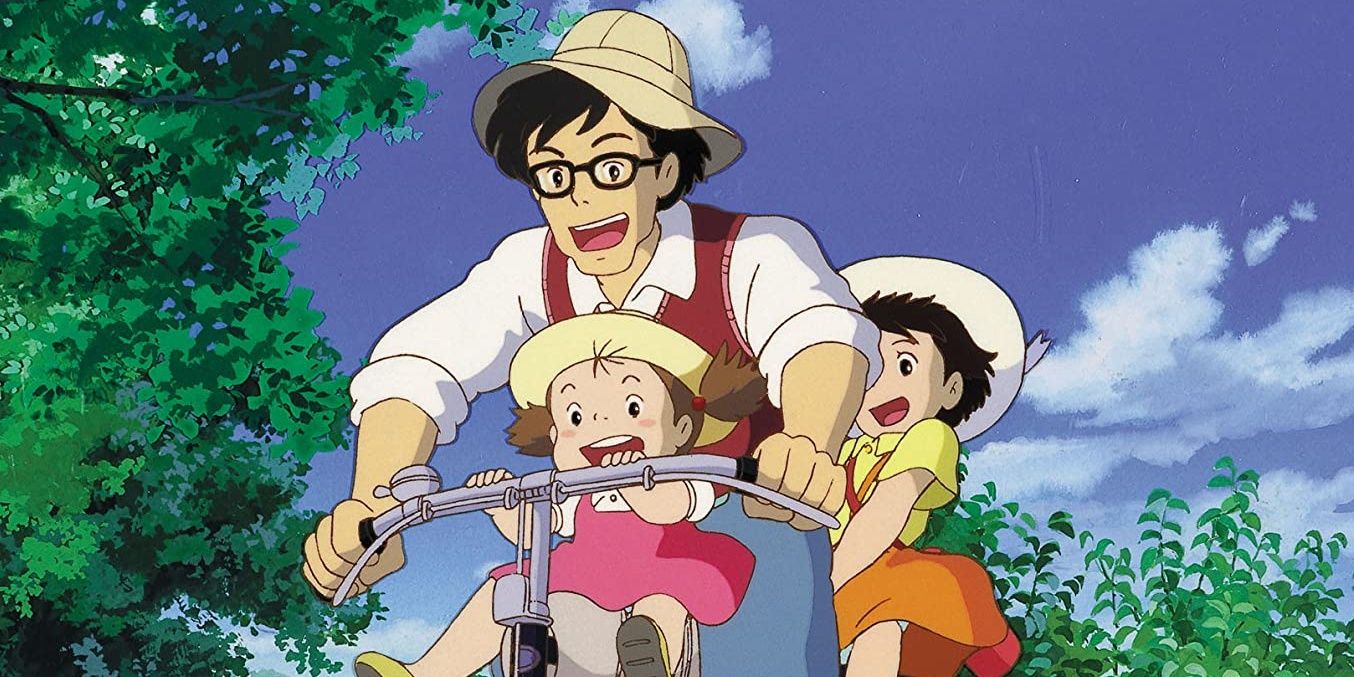 Tatsuo drives Mei and Satsuki on a bike in My Neighbor Totoro.