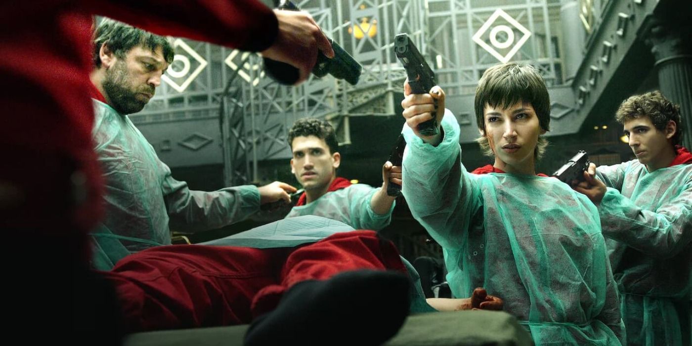 The characters aim their guns towards each other in Money Heist.