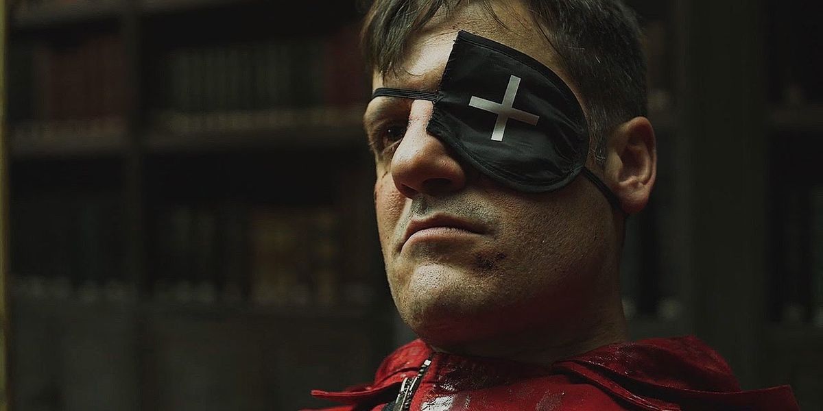 Palermo wearing an eye patch and scowling in Money Heist.