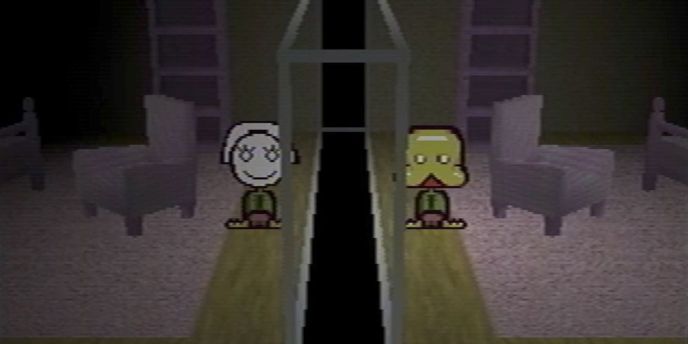 Two characters standing in a dark room in Petscop.