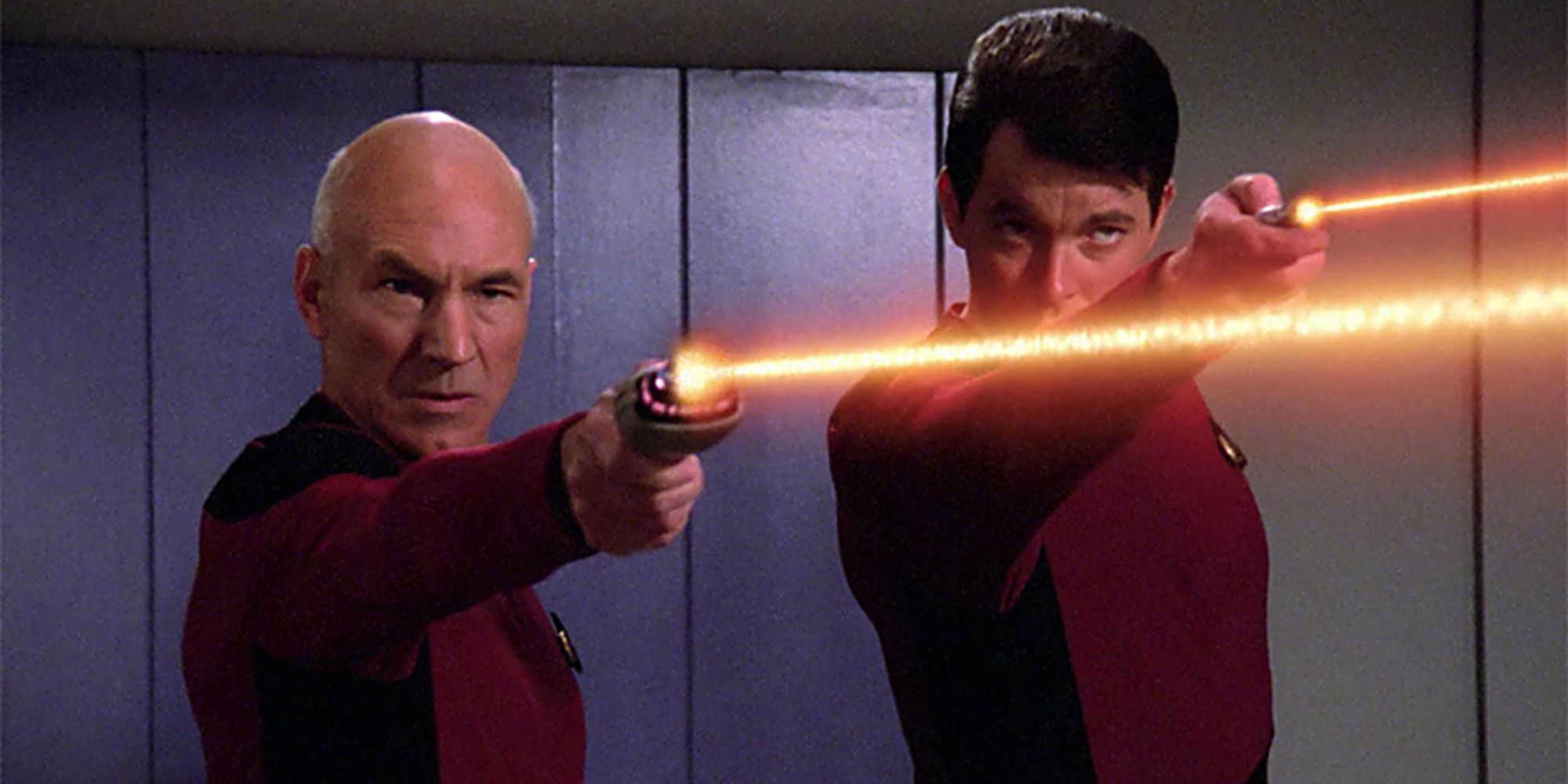 Picard and Riker fire their phasers in the Conspiracy episode of Star Trek: The Next Generation