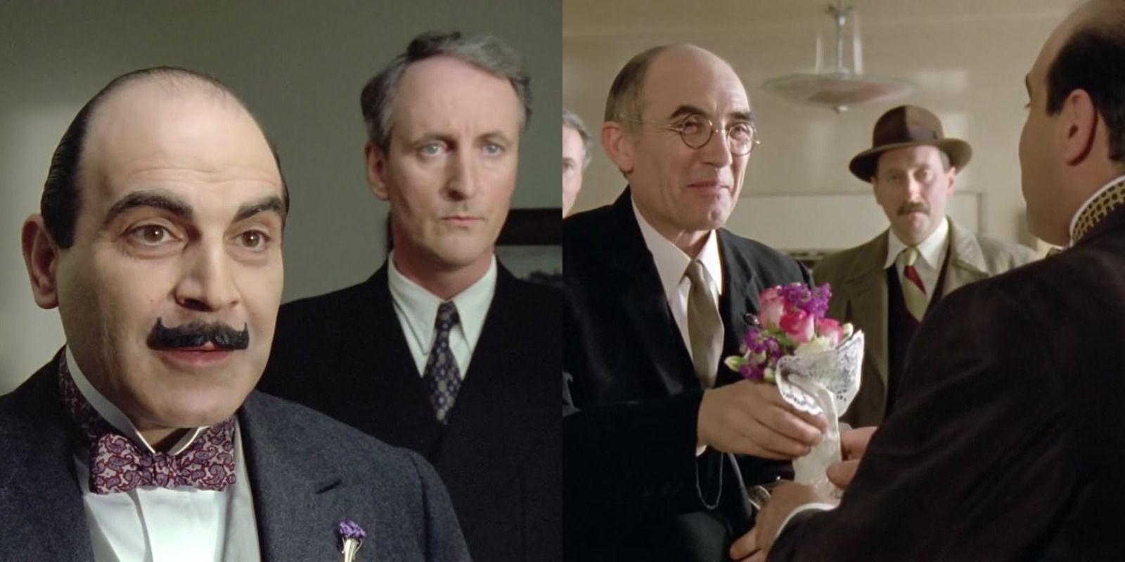 Split image of Poirot and Hastings looking forward and Cust giving flowers in Poirot