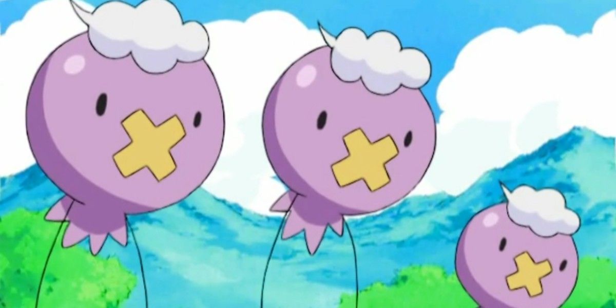 Three Drifloon floating side by side in the Pokémon anime