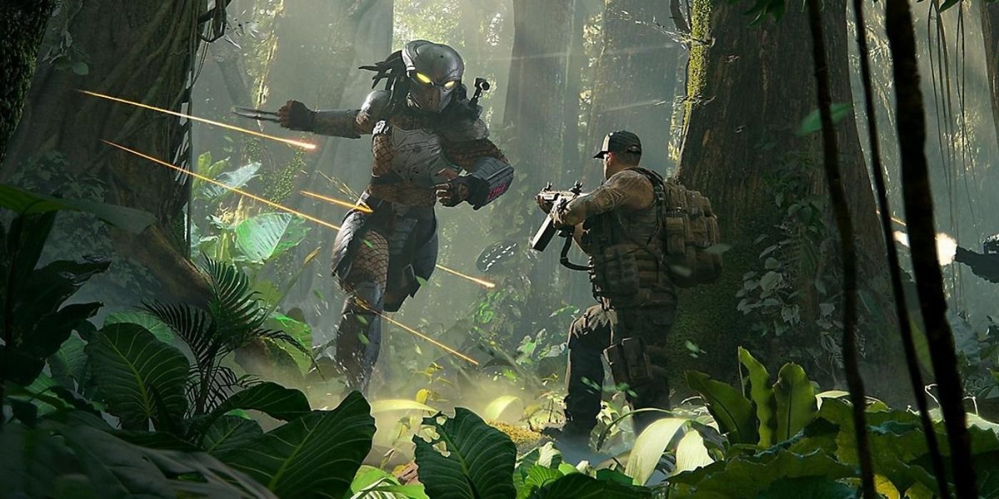 A soldier being attacked by a Predator in an image for the game, Predator: Hunting Grounds.