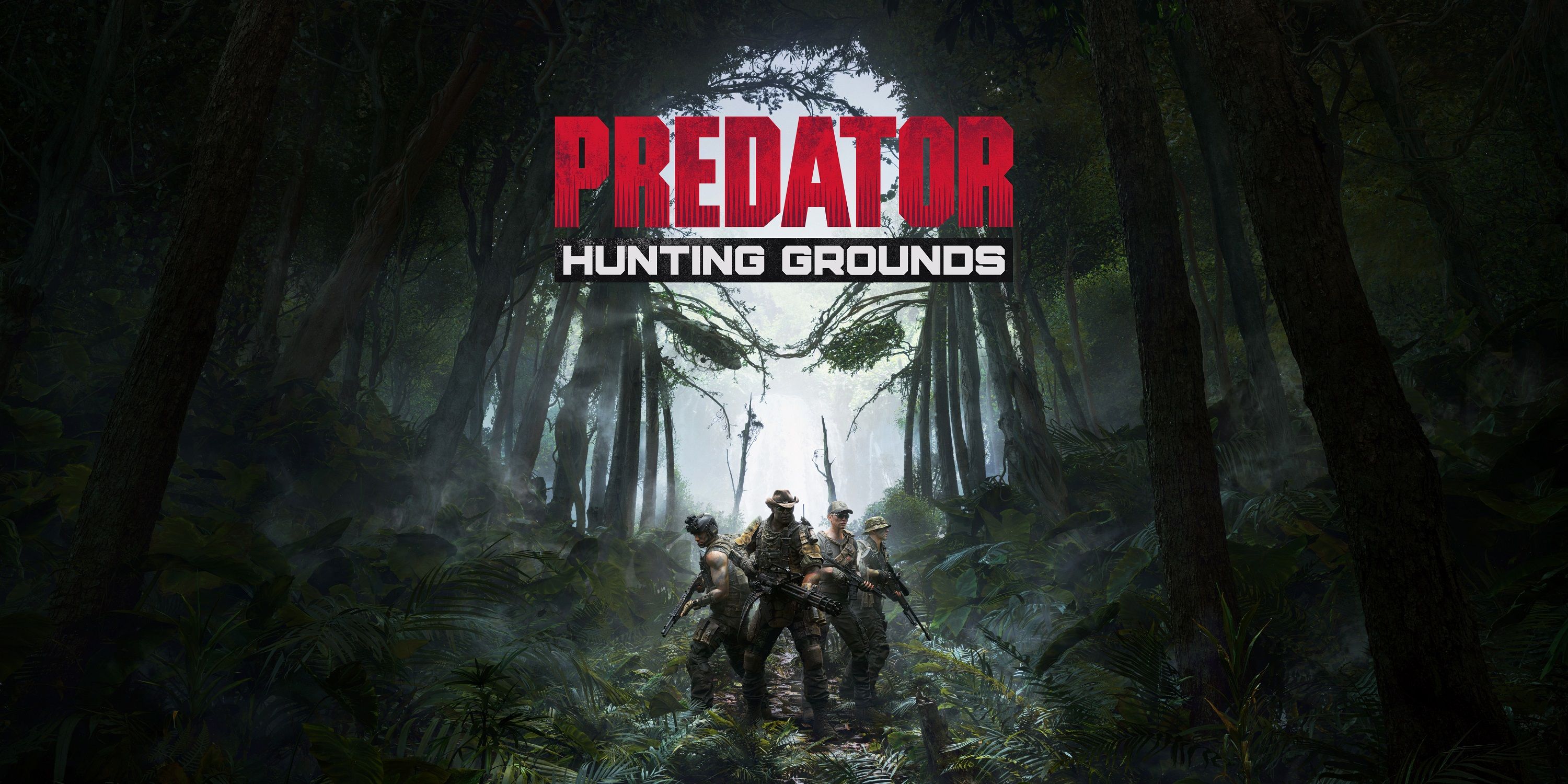 Mercenaries walk through the jungle with the face of the Predator behind them
