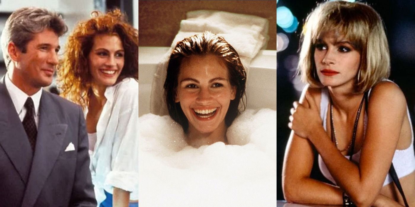 A split image depicts Vivian and Edward in a store, Vivian in the bath, and Vivian in her blond wig in Pretty Woman