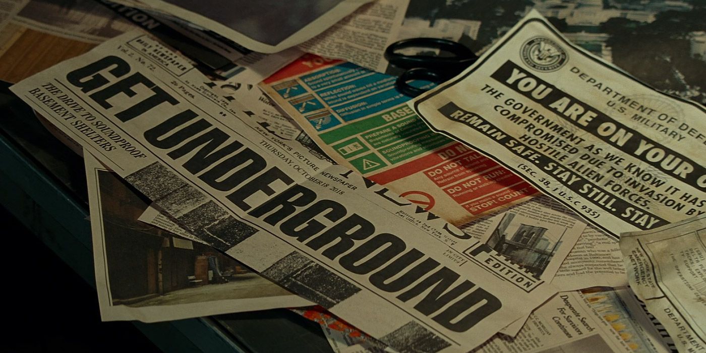 Newspaper clippings after the alien invasion in A Quiet Place