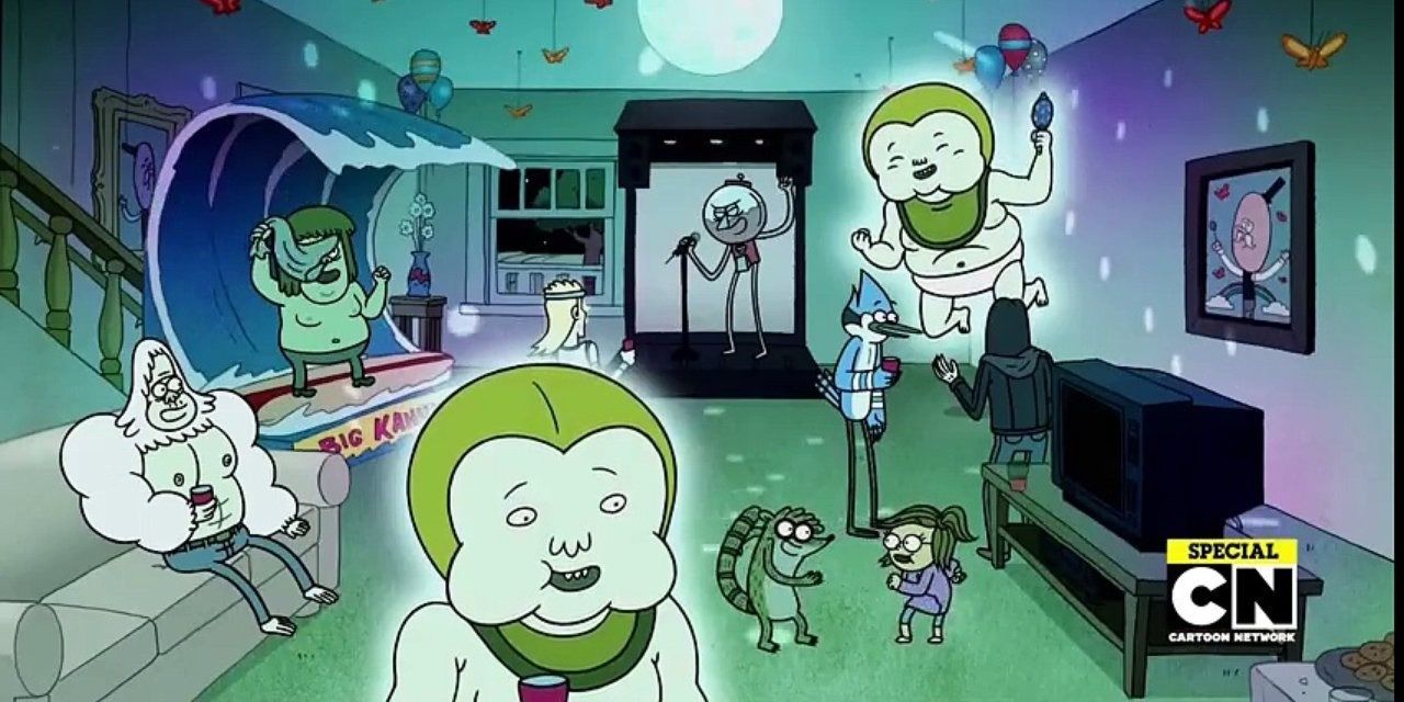 Characters at a party in Cheer Up Pops episode of Regular Show