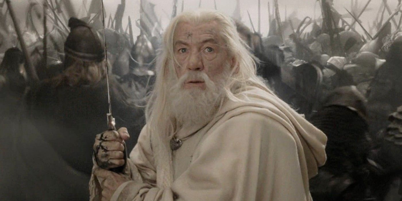 Gandalf holding Glamdring in The Lord of the Rings: The Return Of The King.