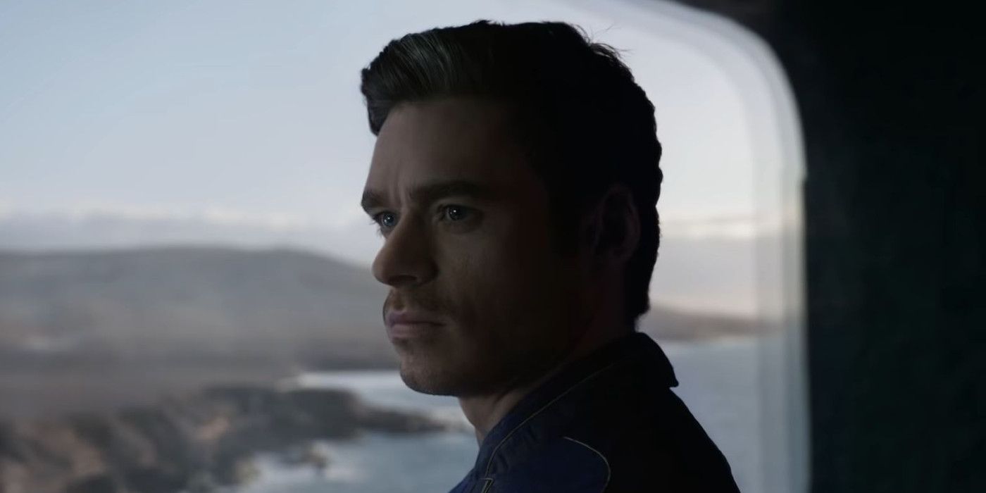 Ikaris looking to his left while on the Eternals' ship